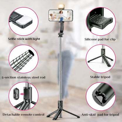 3-in-1 Selfie Stick Tripod with LED Light & Bluetooth Remote